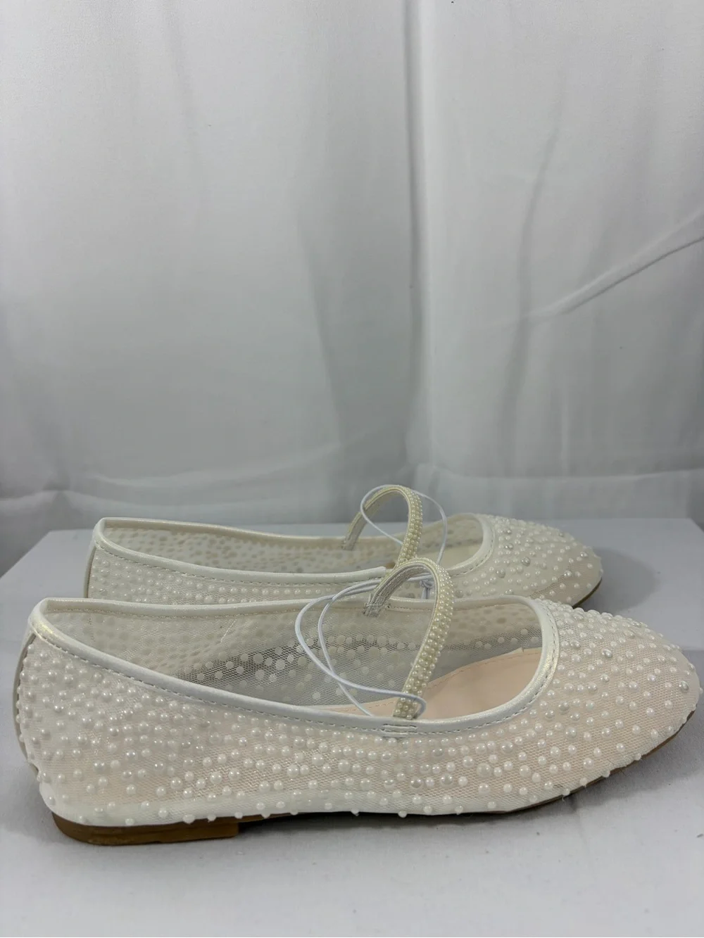 NWT I. Miller Youth Size 3 Mesh Pearl-Accented Cream Mary Jane Ballet Flats